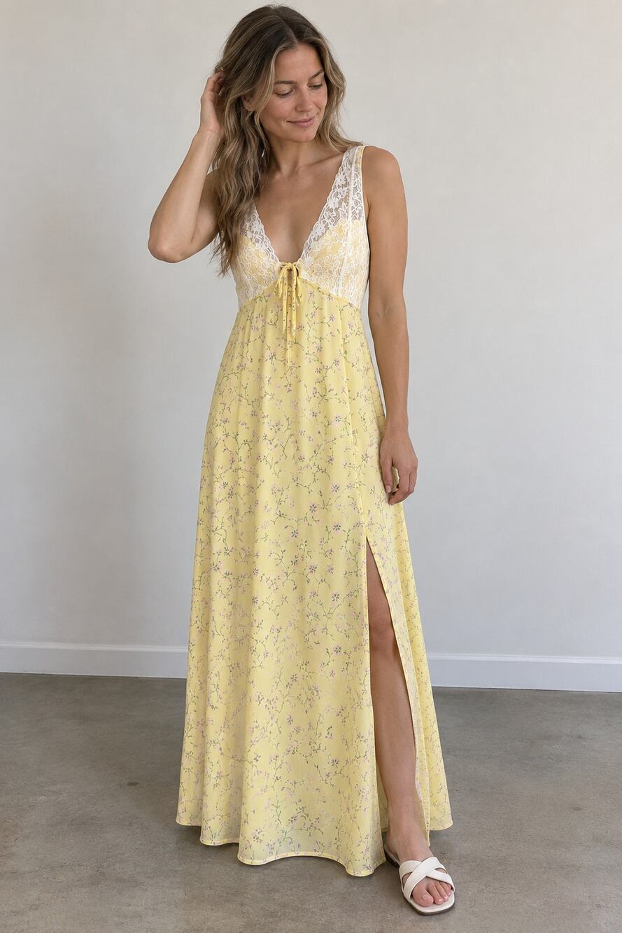 Kirious Los Angeles Yellow Floral Lace Maxi Dress Size Large NWT Cottagecore